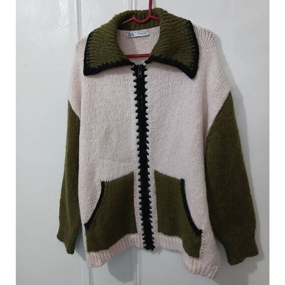 Zara womens xl beige olive green full zip wool sweater Slouchy Cottagecore - Picture 1 of 9
